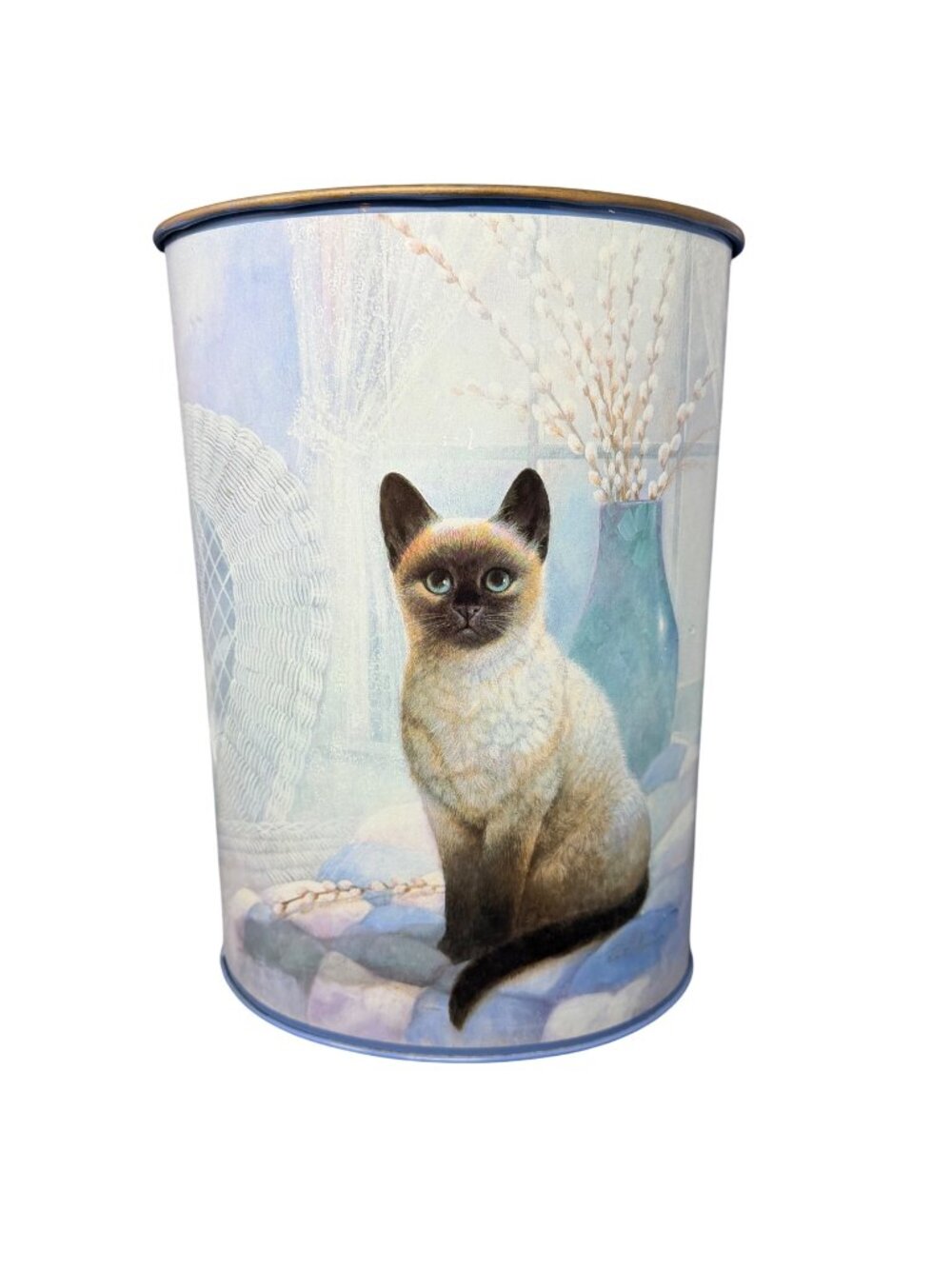 Vintage Siamese Cat Ruane Manning Wastebasket Metal Trash Can Blue Cottage
